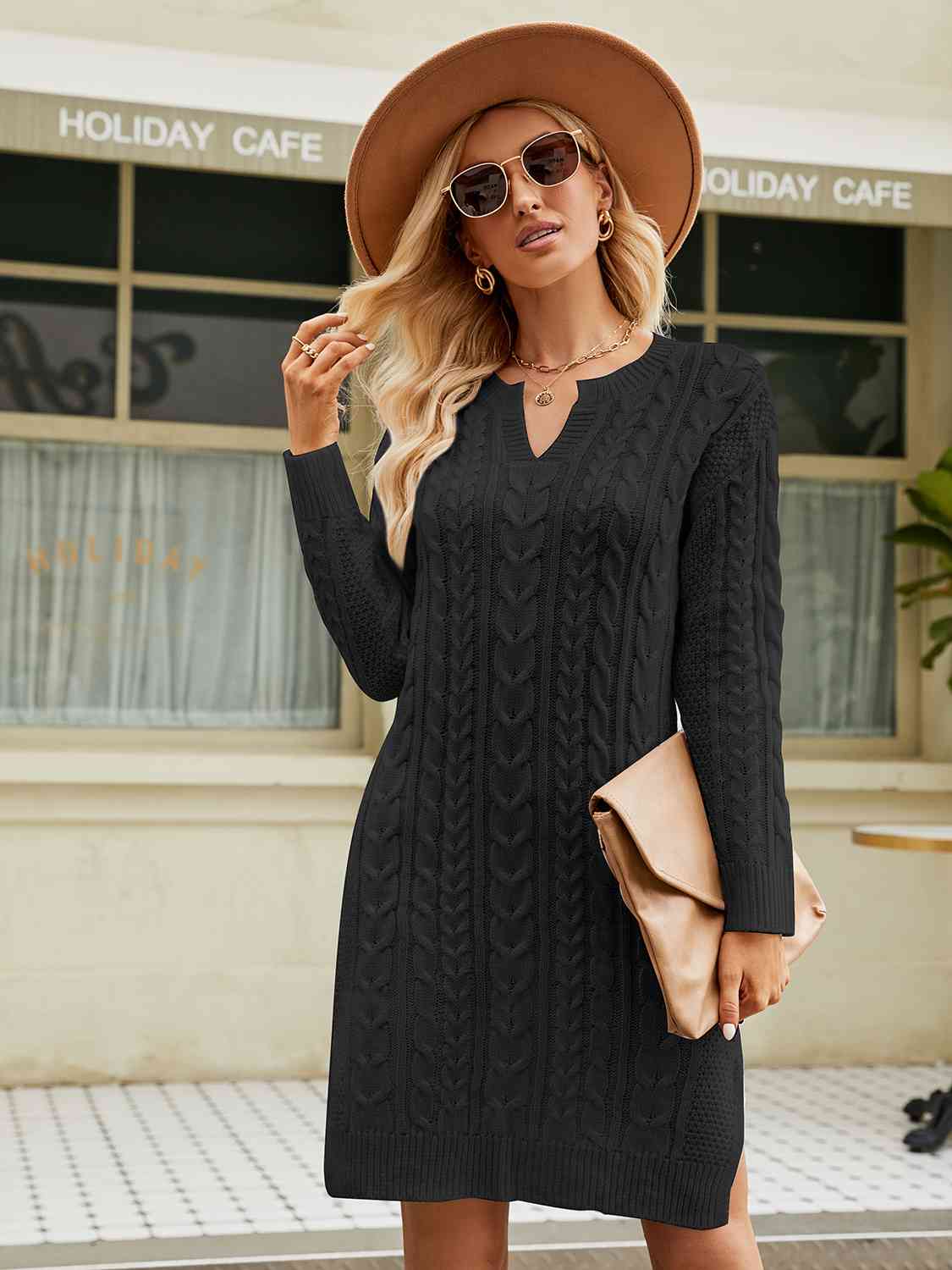 CozyWonders Full Size Notched Neck Cable-Knit Slit Sweater Dress