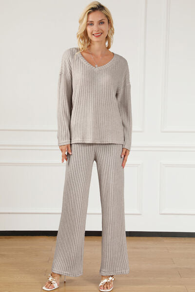 NotSoBasic Ribbed V-Neck Top and Pants Lounge Set