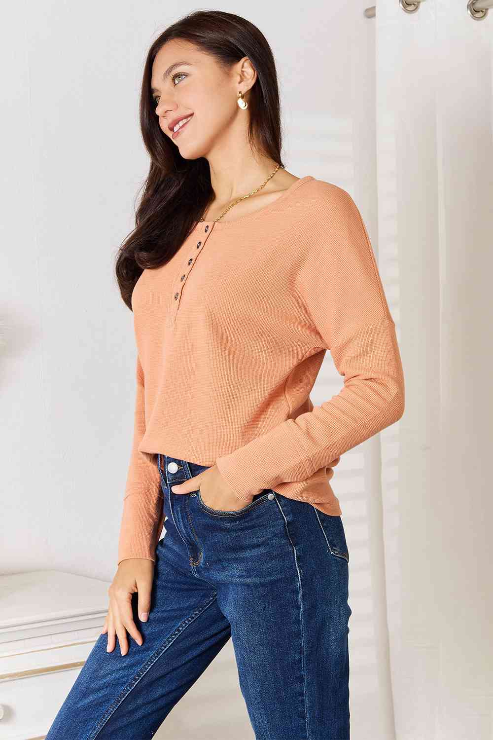 Basic Bae Half Button Long Sleeve Top *