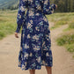 Printed Notched Lantern Sleeve Midi Dress