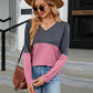 Full Size V-Neck Long Sleeve Two-Tone T-Shirt