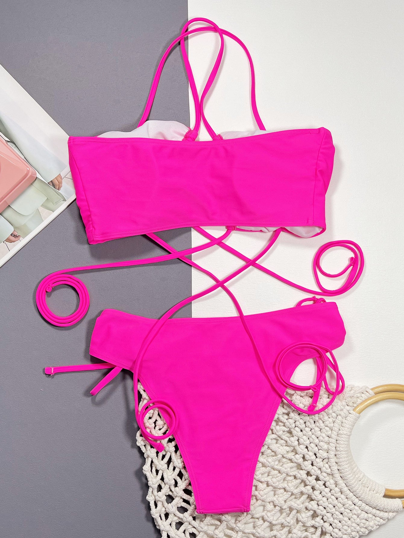 ALLURING Halter Neck Drawstring Detail Bikini Set