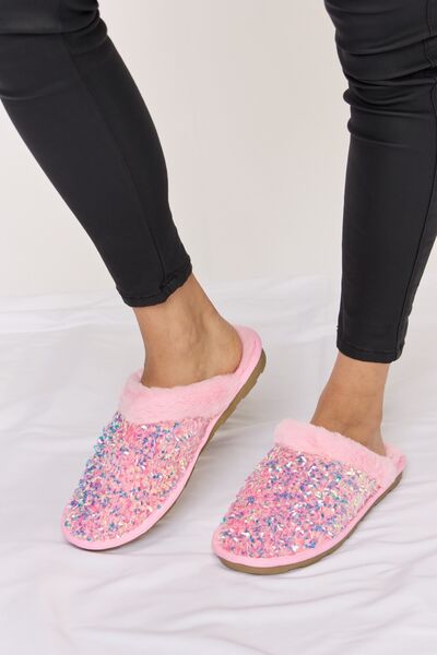 Forever Link Pink Sequin Plush Round Toe Slippers *
