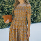 Floral Ochre Tiered Frill Trim Smocked Dress
