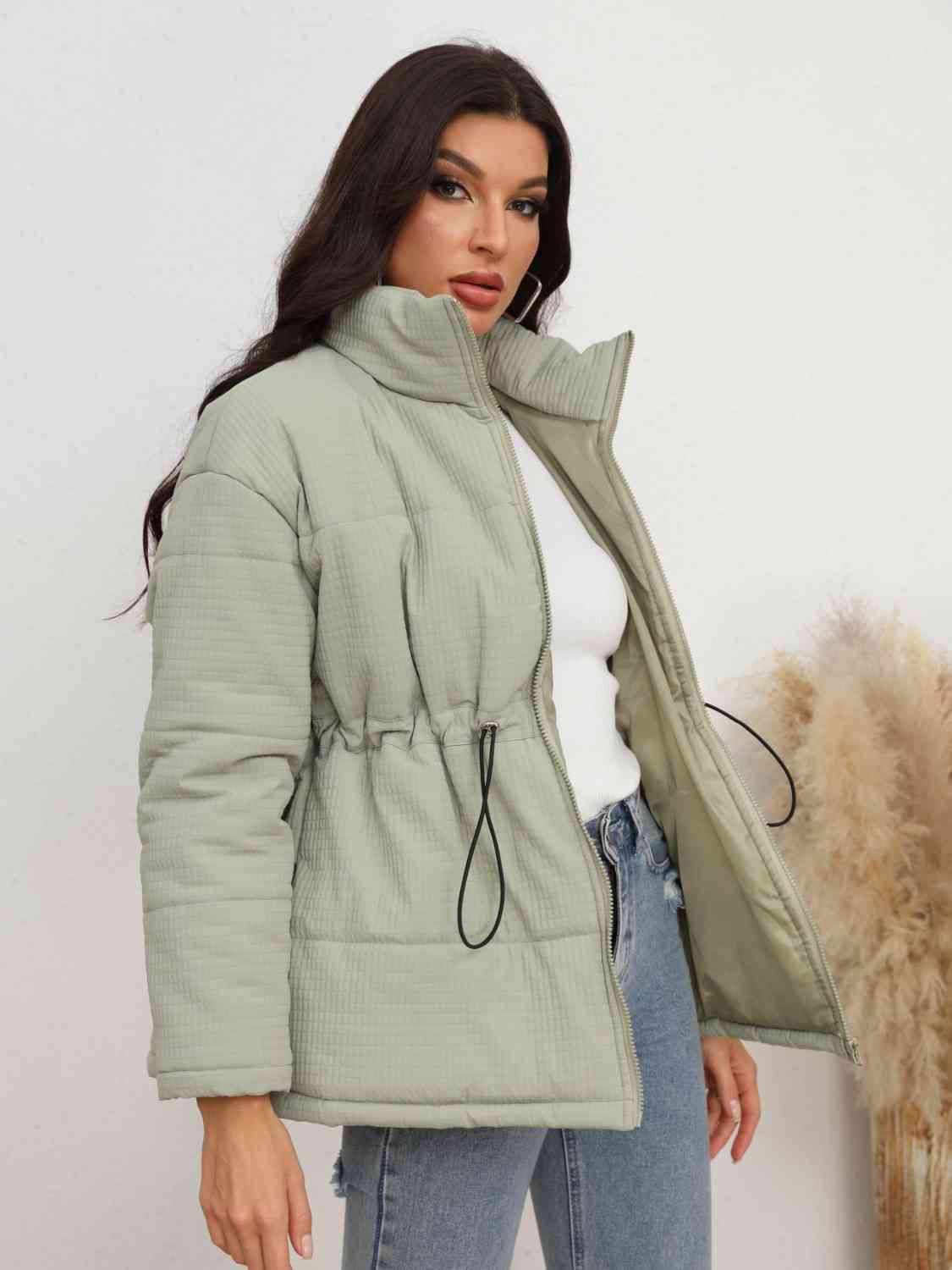 Full Size Drawstring Waist Zip-Up Puffer Jacket