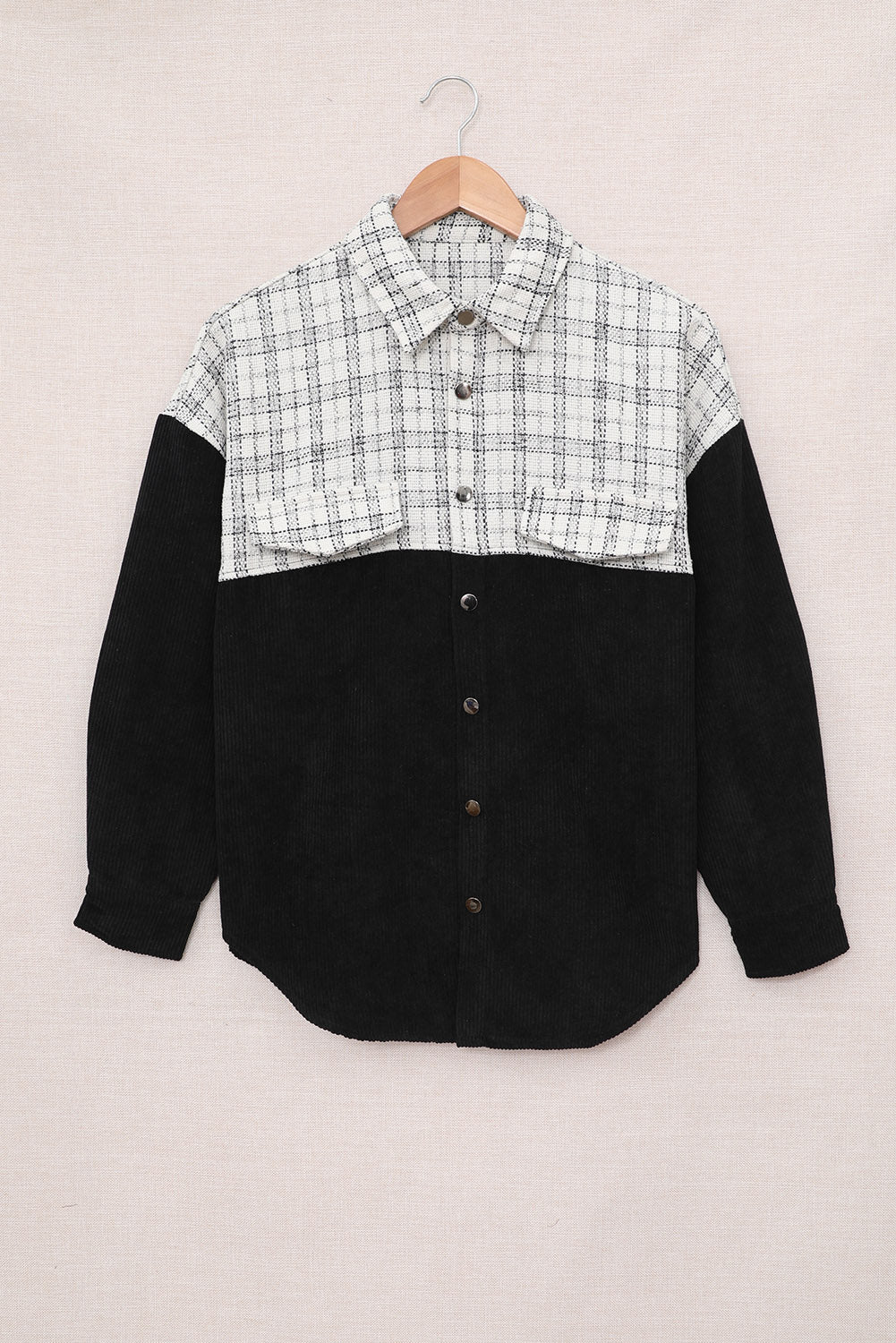 S&T Black Plaid Color Block Curved Hem Shirt Jacket