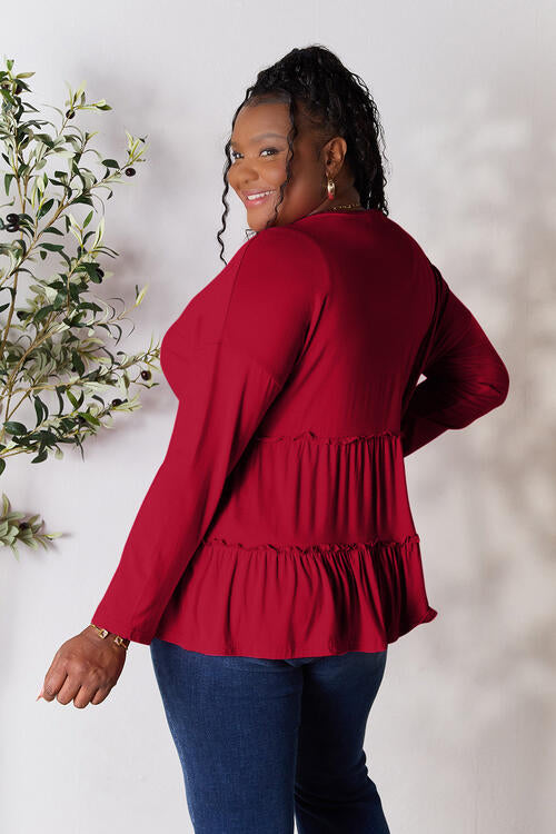 Double Take Half Button Long Sleeve Ruffle Hem Blouse *