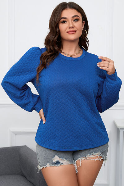 Women's Isla Cobalt Blue Plus Size Textured Round Neck Long Sleeve Top