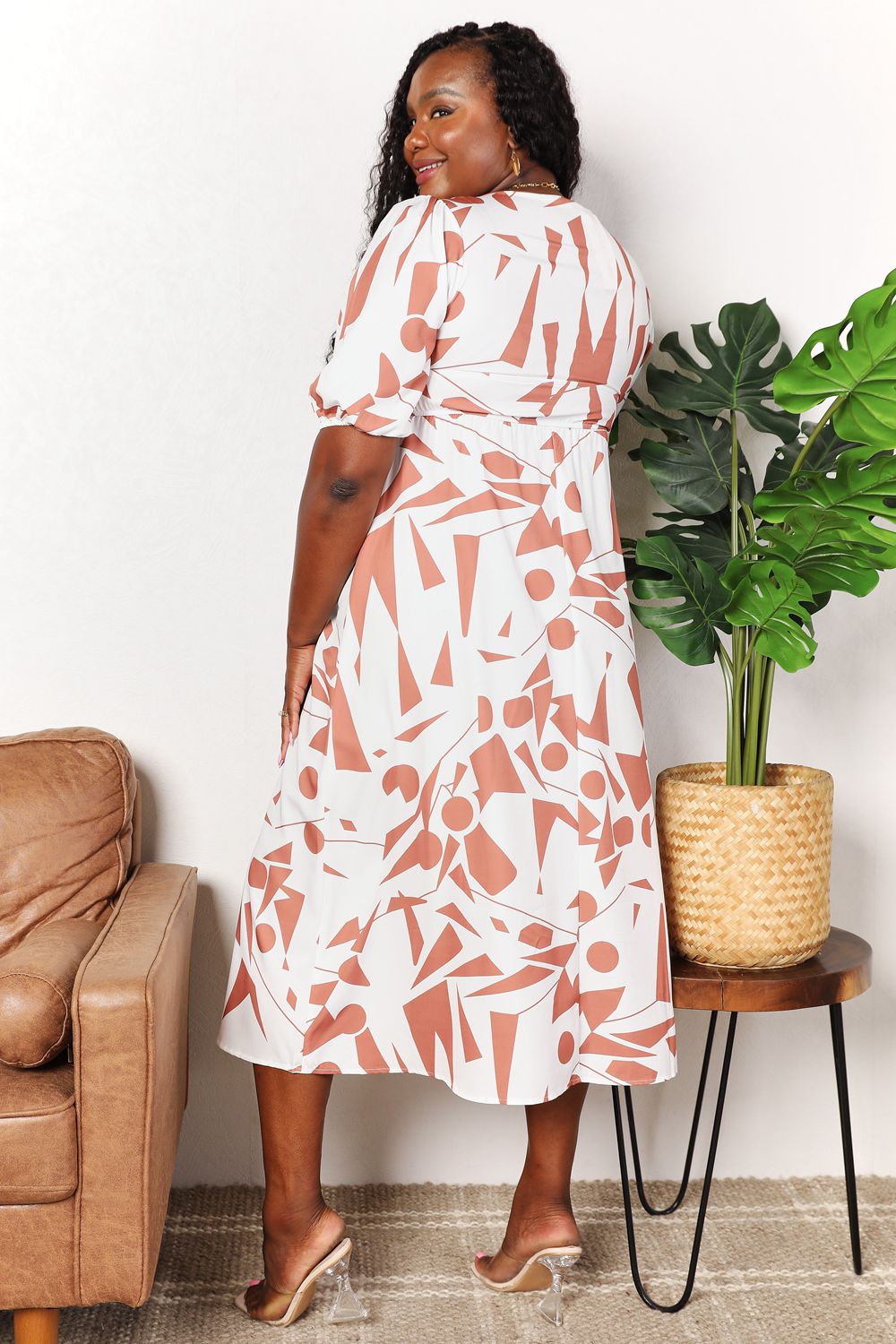 Double Take Camel Printed Surplice Balloon Sleeve Dress *