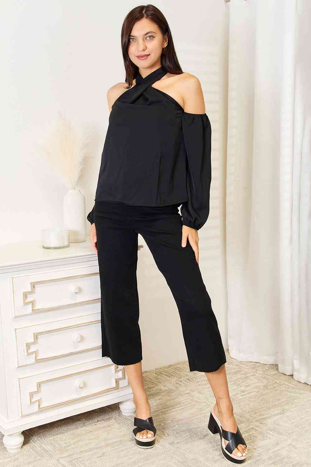 Double Take Grecian Cold Shoulder Long Sleeve Blouse *