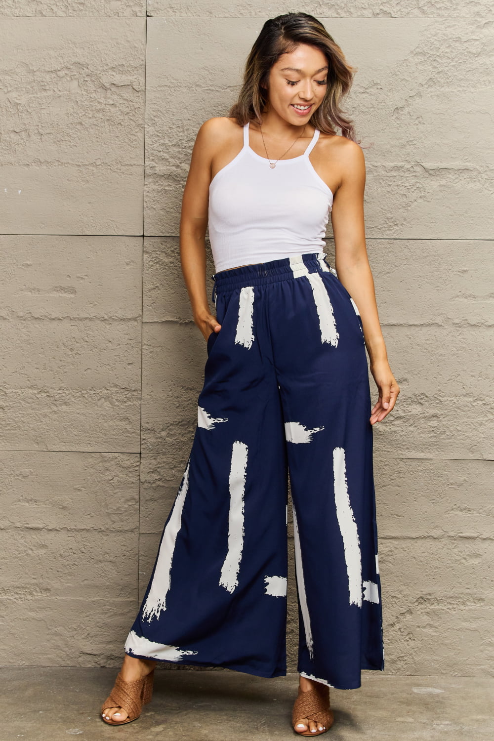 Navy Blue Printed Wide Leg Long Pants