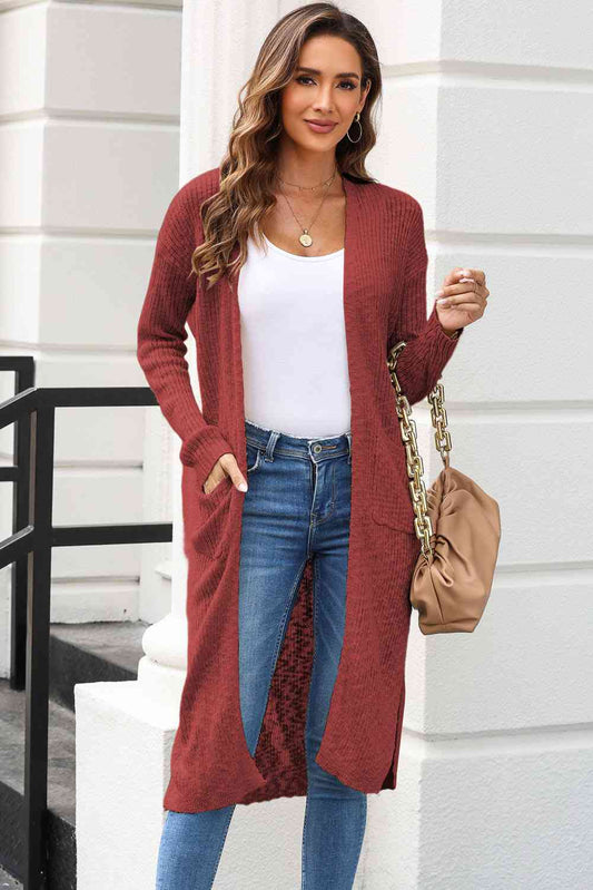 Full Size Open Front Slit Cardigan with Pockets