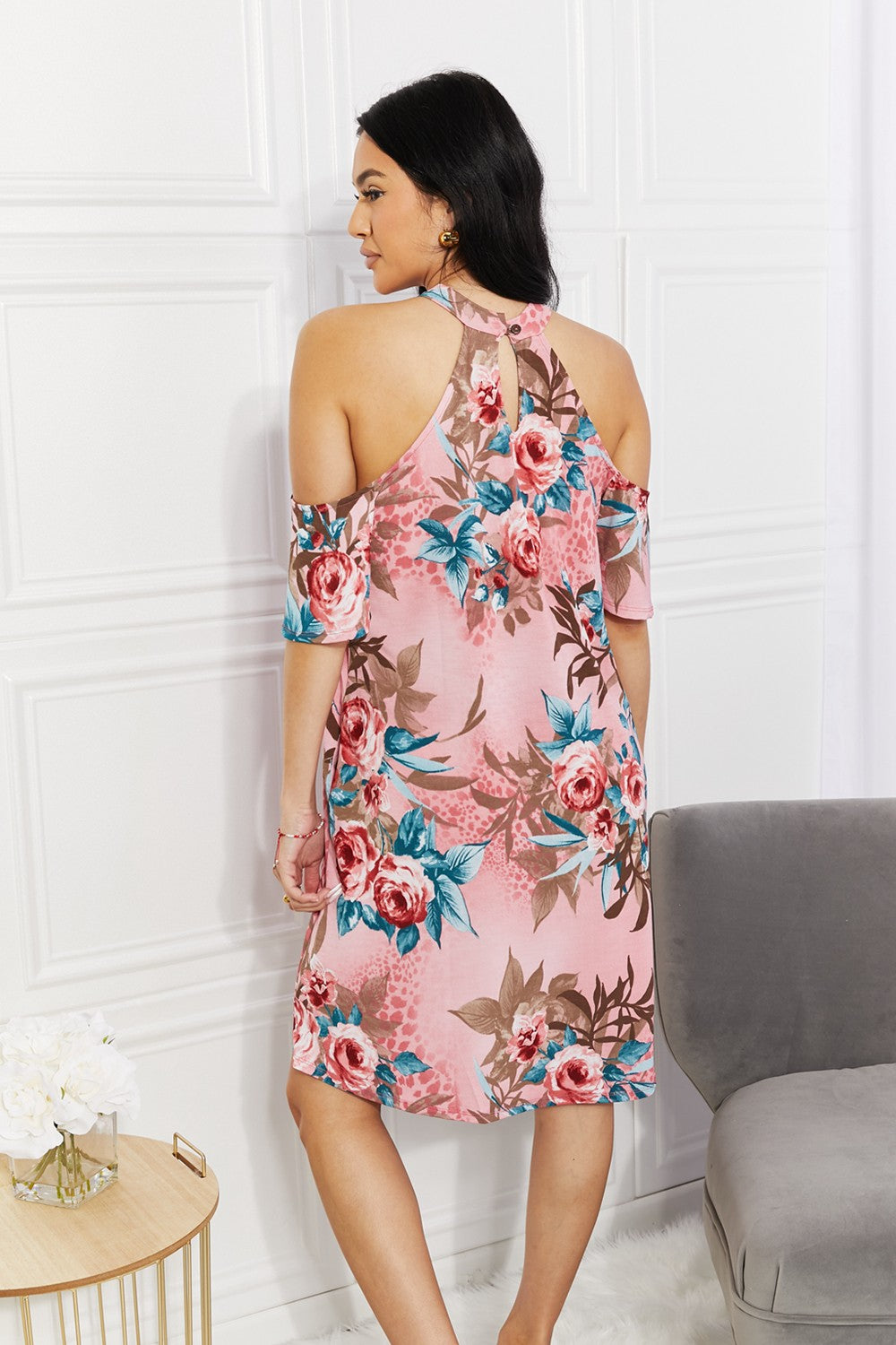 Women's Sew In Love Full Size Fresh-Cut Flowers Cold-Shoulder Midi Dress