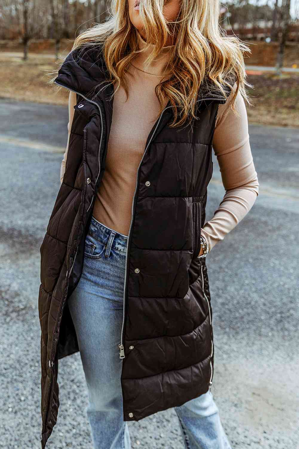 Full Size Longline Hooded Sleeveless Puffer Vest