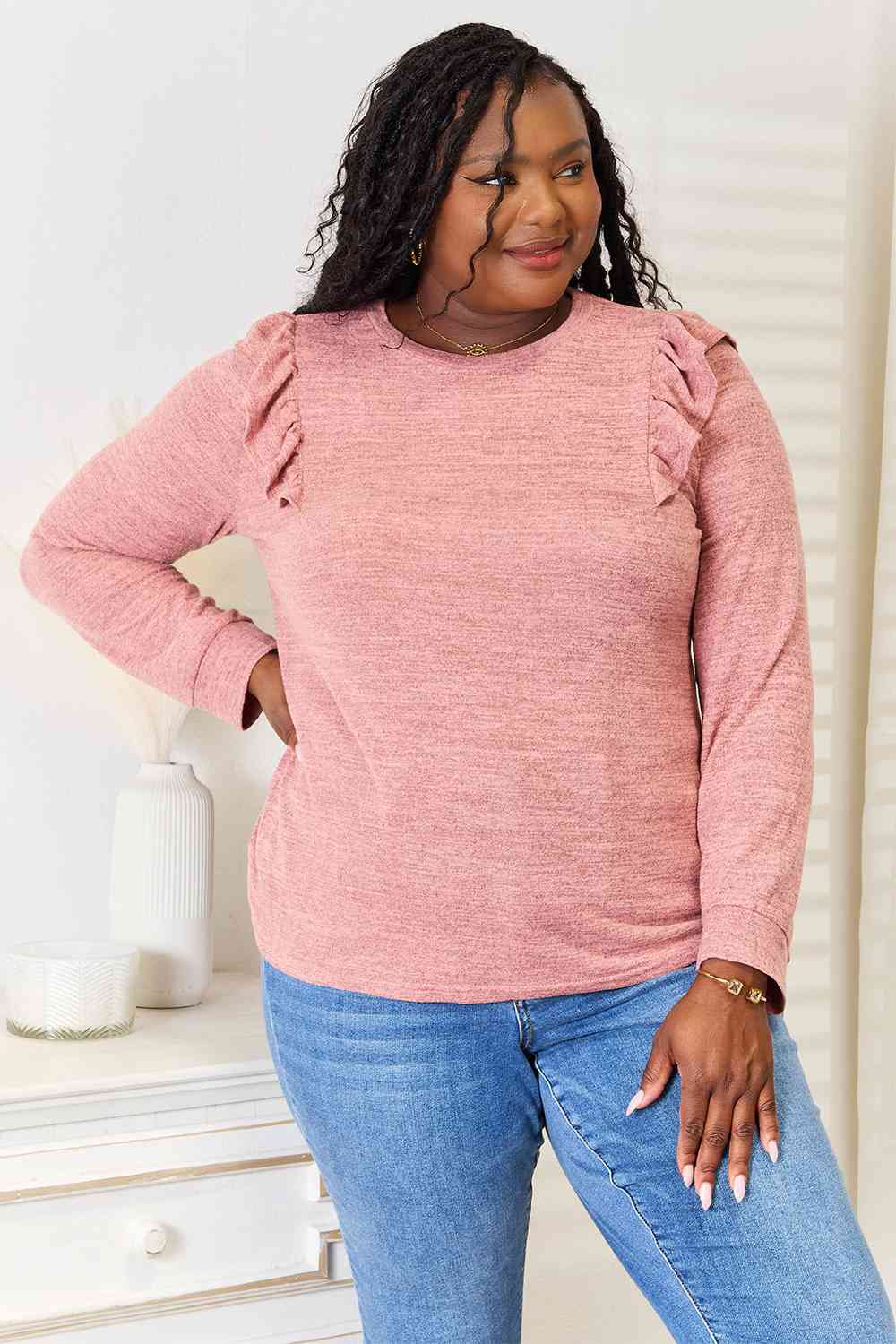 Double Take Ruffle Shoulder Long Sleeve T-Shirt *