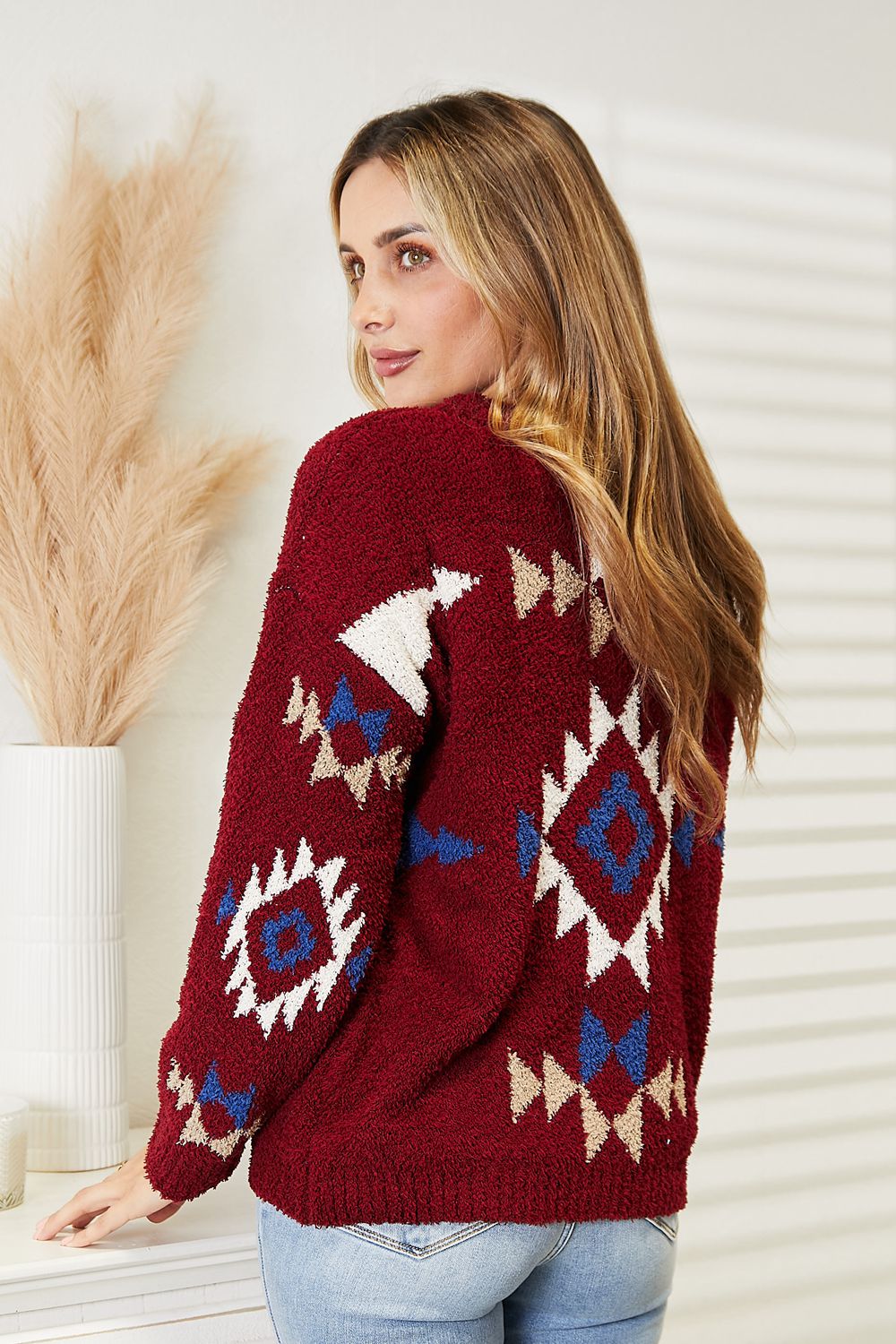 HEYSON Wine Full Size Aztec Soft Fuzzy Sweater