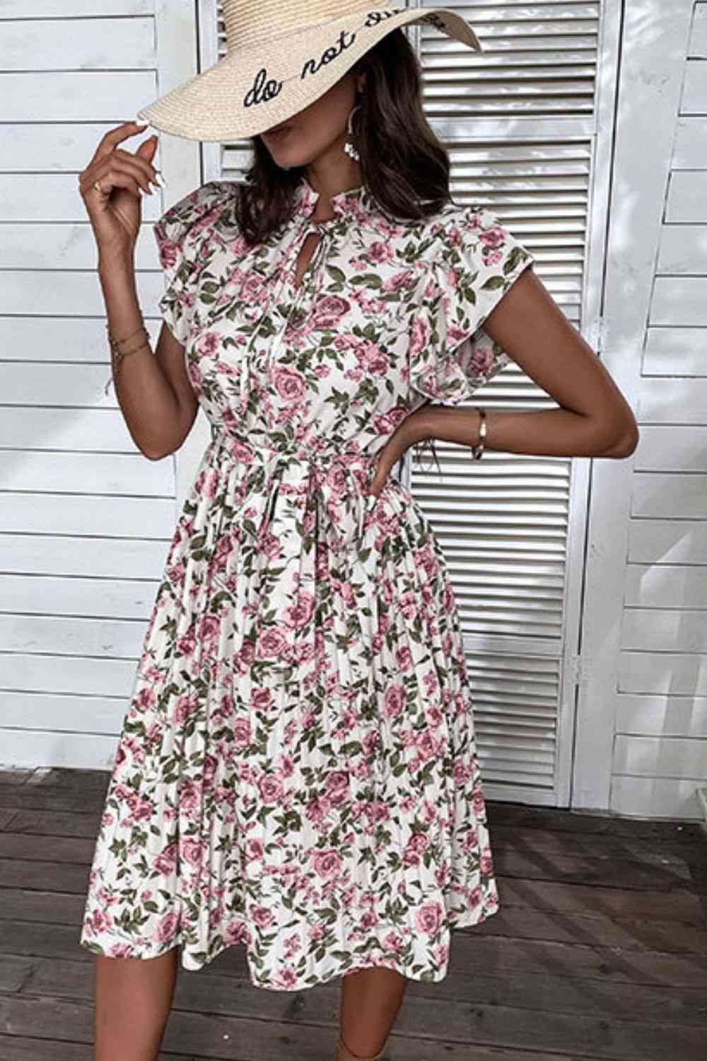 Full Size Floral Tie-Neck Flutter Sleeve White Midi Dress