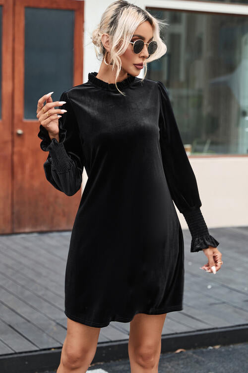 OhSoMini Black Round Neck Smocked Long Sleeve Mini Dress