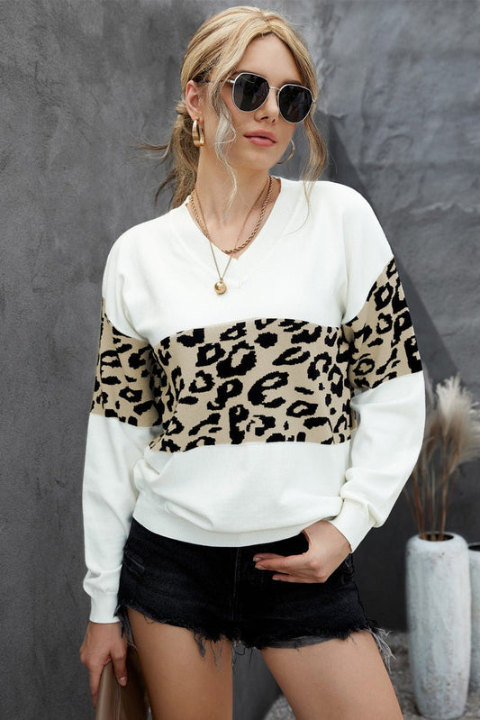 Chicie Leopard Drop Shoulder V-Neck Knit Top