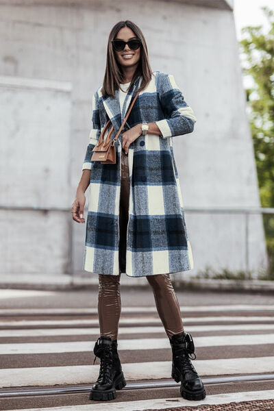 Double Take Full Size Plaid Button Up Lapel Collar Coat *