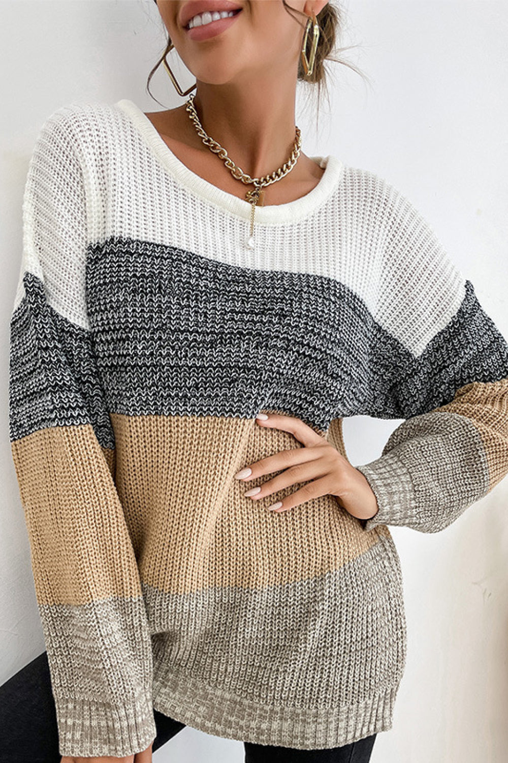 Women's Striped Round Neck Long Sleeve Sweater