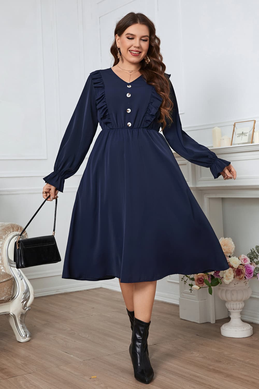 KeenLinear Plus Size V-Neck Buttoned Flounce Sleeve Dress