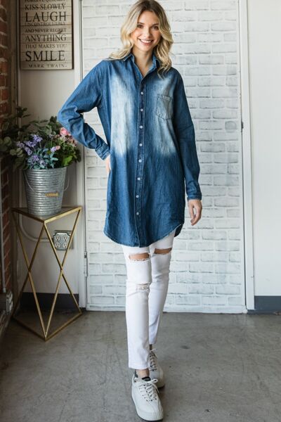 Veveret Pocketed Button Up Washed Denim Shirt *