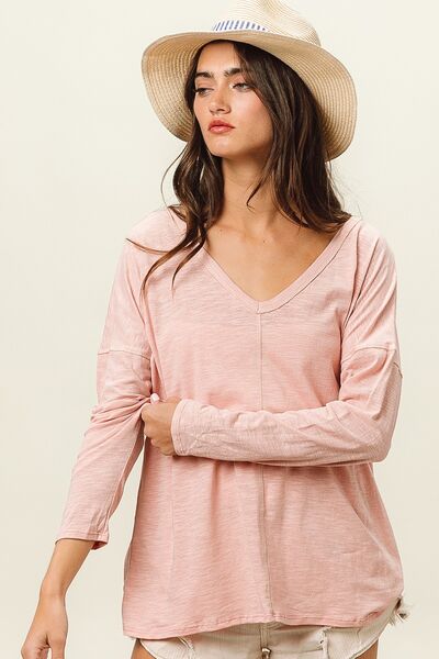 BiBi Exposed Seam V-Neck Long Sleeve T-Shirt - Brand BiBi *