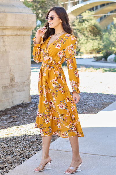 Double Take Full Size Floral Tie Back Flounce Sleeve Dress *