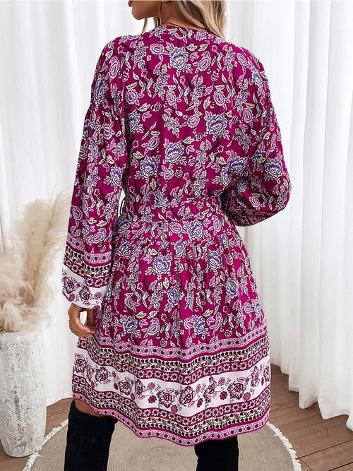 OhSoMidi Lilac Purple Floral Tie Neck Balloon Sleeve Dress