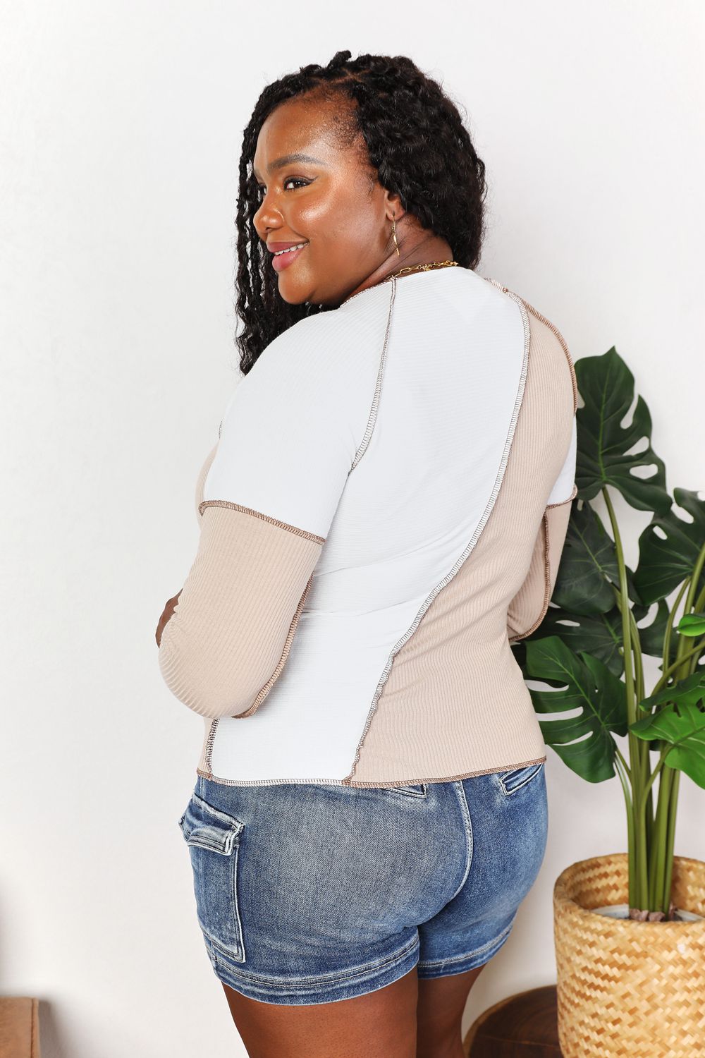 Double Take Khaki Color Block Exposed Seam Top *