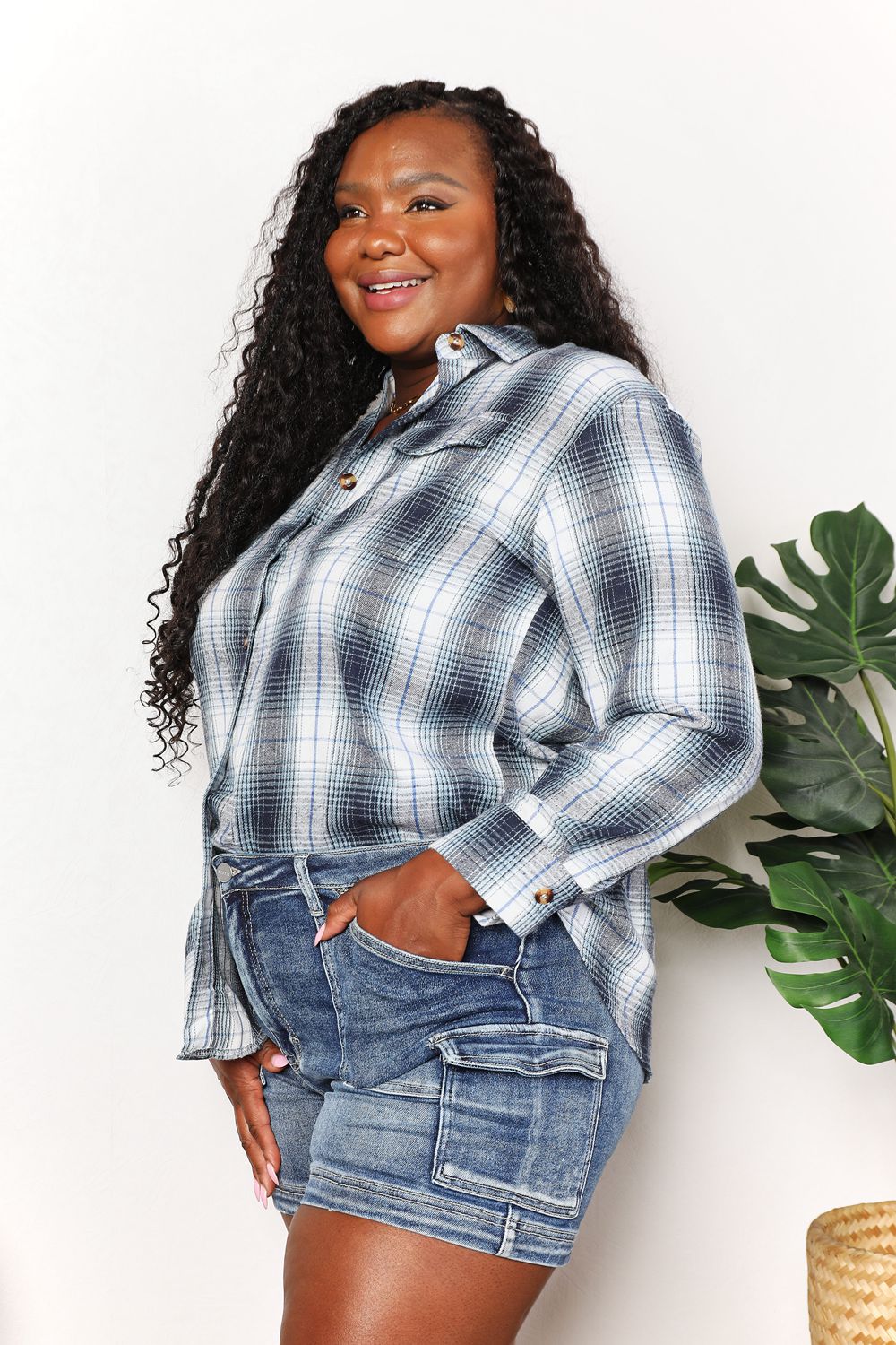 Double Take Full Size Plaid Dropped Shoulder Shirt *