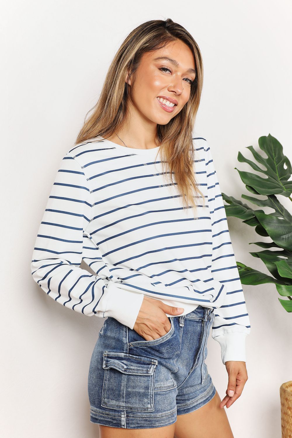 Double Take Striped Long Sleeve Round Neck Top *
