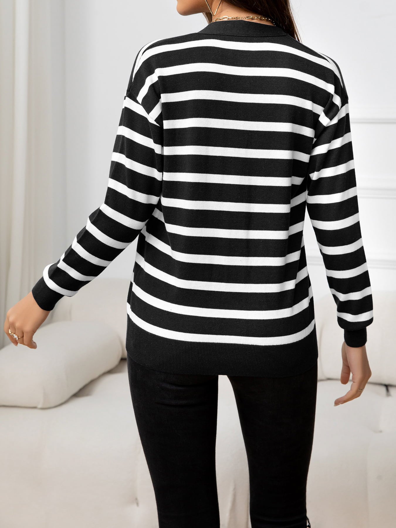 Beauteous Striped Dropped Shoulder V-Neck Knit Top