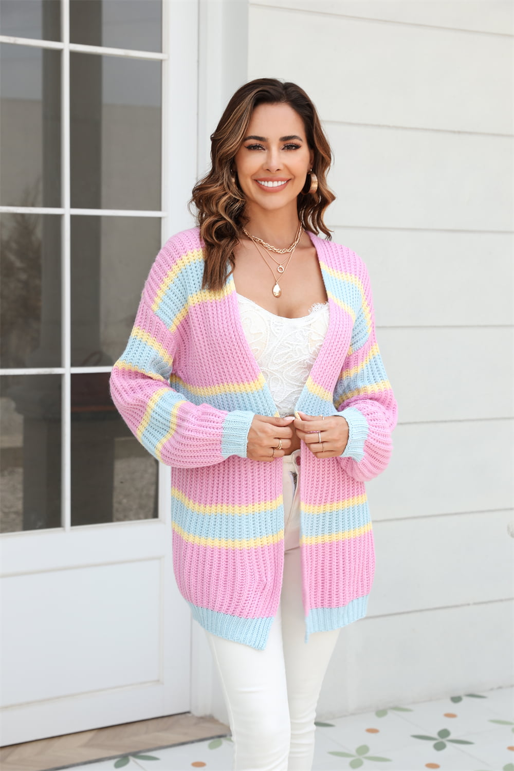 Sophia & Grace Color Block Ribbed Dropped Shoulder Open Front Cardigan