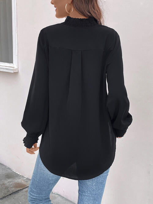 Black Smocked Notched Long Sleeve Blouse