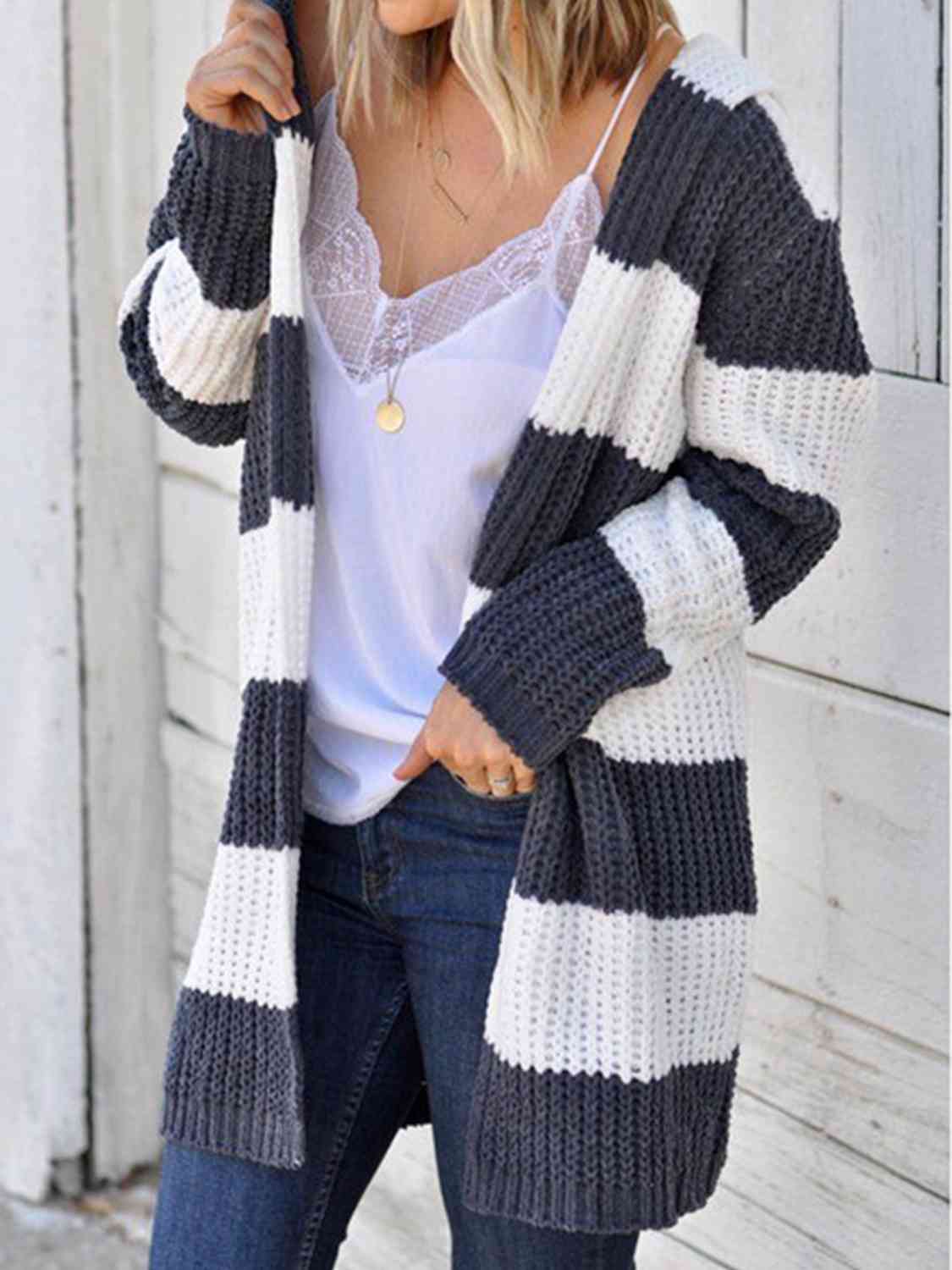 White Striped Open Front Hooded Cardigan