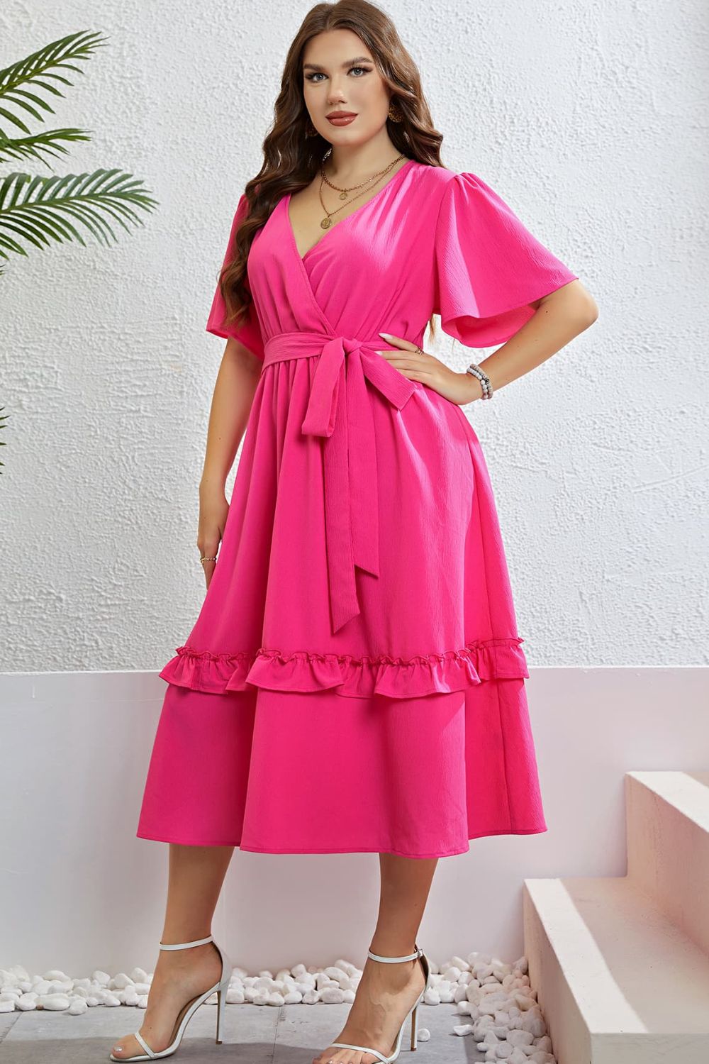 Plus Size Belted Frill Trim Flutter Sleeve Dress