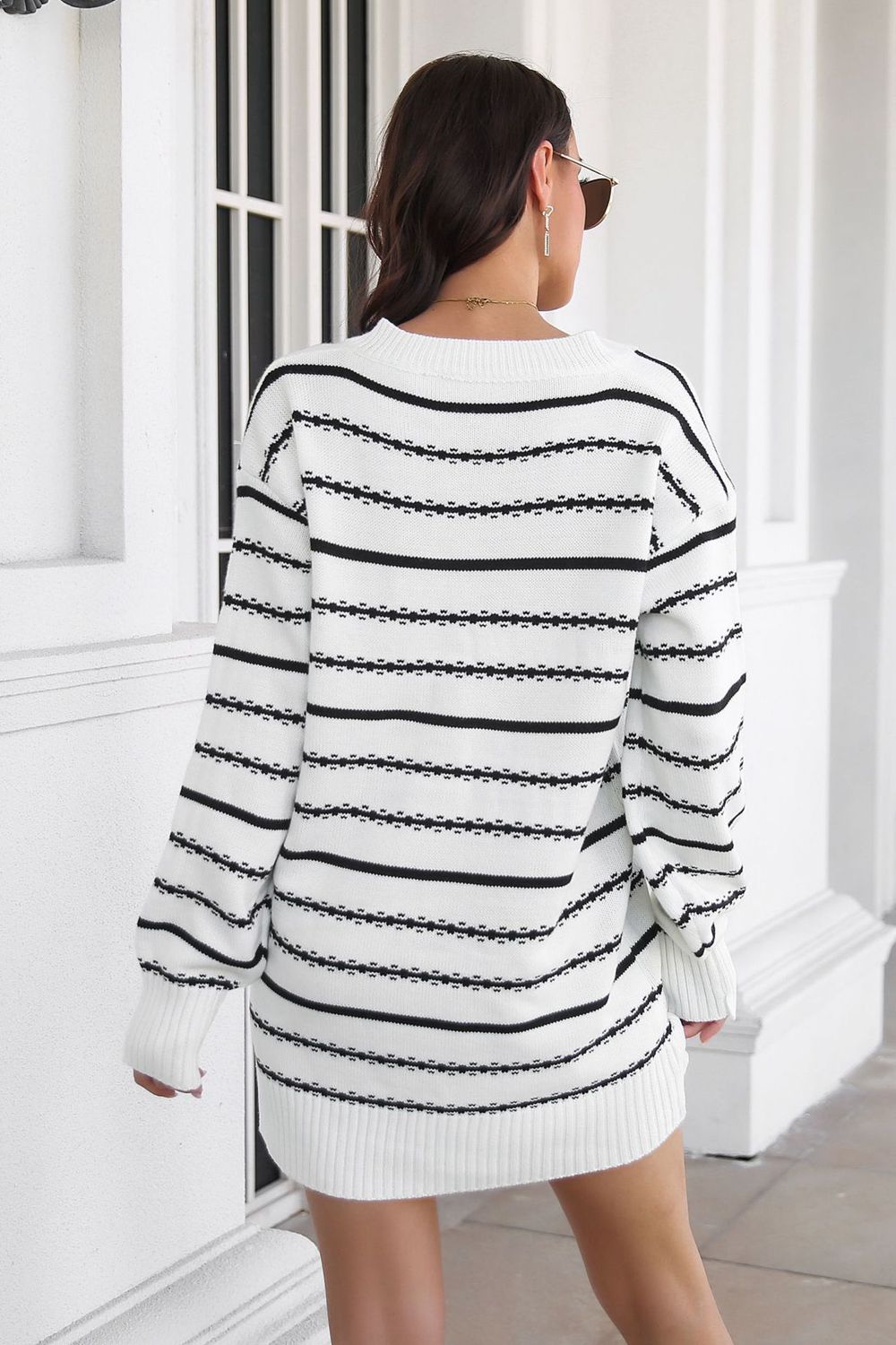 Avery Aria Striped V-Neck Sweater Dress