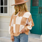 Checkered Round Neck Dropped Shoulder Sweater