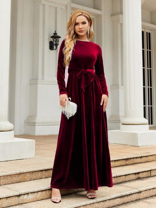 OhSoMaxi Tie Front Round Neck Long Sleeve Maxi Dress