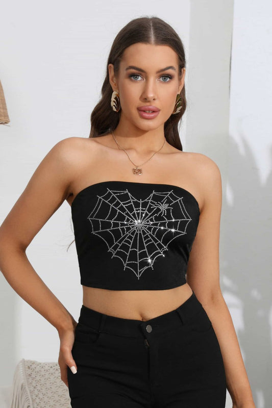 Heart Spider Web Graphic Tube Top with Rhinestones in Black