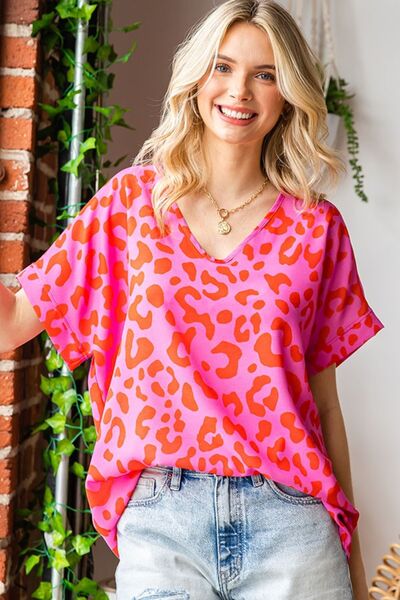 First Love Leopard V-Neck Short Sleeve Woven Top *