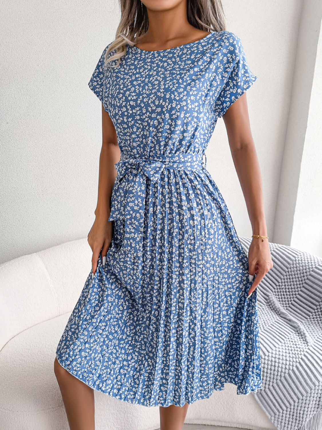 SoPretty Ditsy Floral Pleated Belted Dress