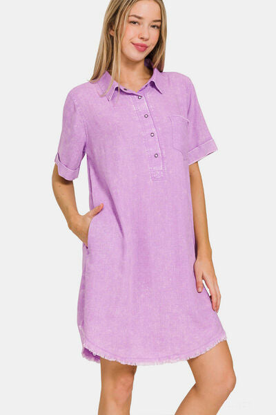 Zenana Washed Linen Raw Hem Dress with Pockets - Brand Zenana