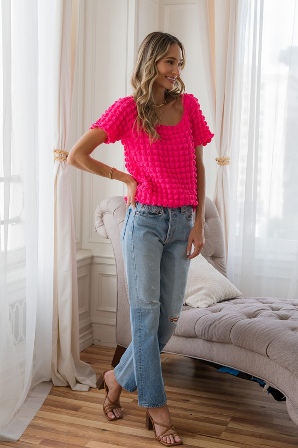 Sew In Love Bubble Textured Round Neck Short Sleeve T-Shirt *