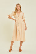 HEYSON Full Size Textured Linen V-Neck Button-Down Midi Dress *