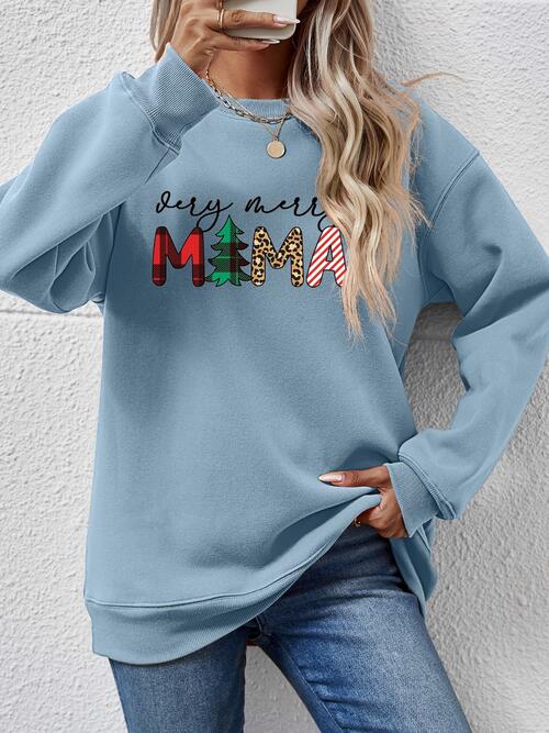 Christmas Themed VERY MERRY MAMA Letter Graphic Round Neck Long Sleeve Sweatshirt