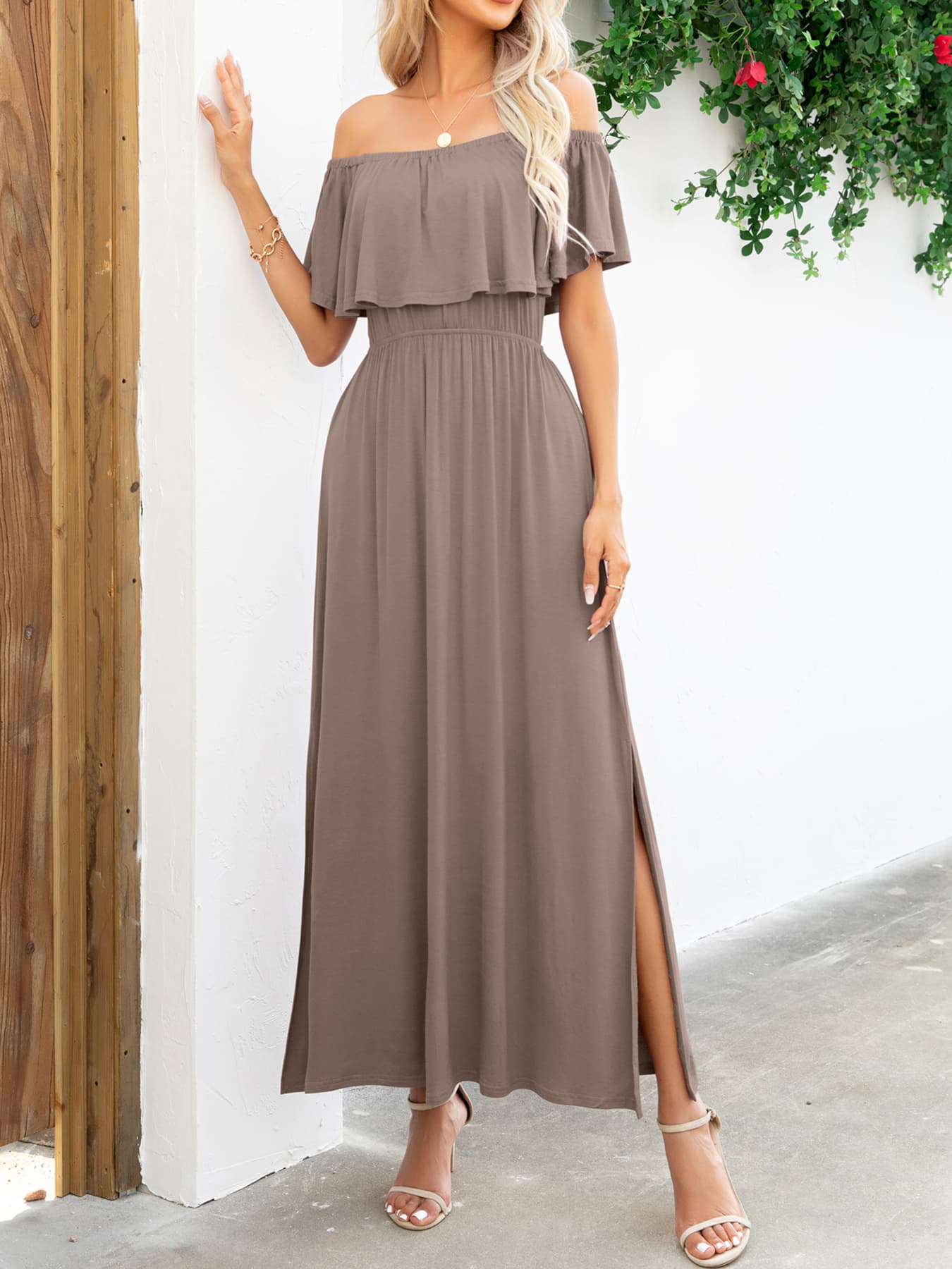 OCEANSIDE Full Size Off-Shoulder Slit Maxi Dress