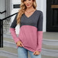 Full Size V-Neck Long Sleeve Two-Tone T-Shirt